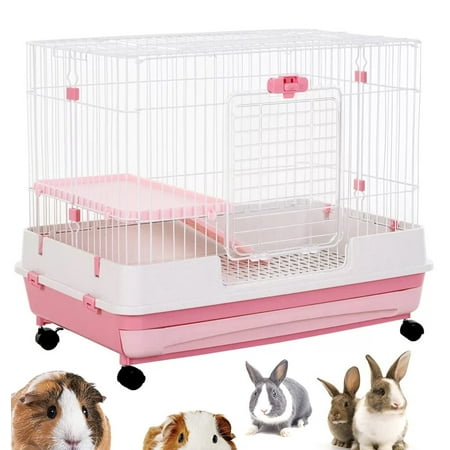 Pink X-Large 32”L 2-Level Indoor Small Animal Rabbit Guinea Pig Cage Easy Pull Out Washable Tray With Wheels