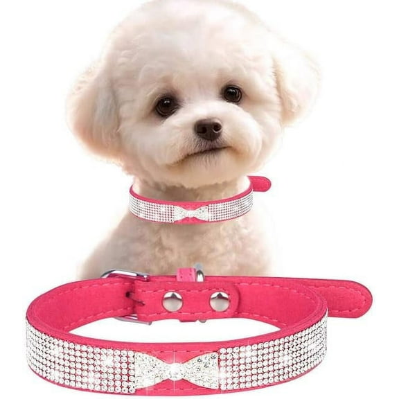 Pink XXS Dog Collar with Rhinestone, Pretty Bow Crystal Bling Kitten Collars Glitter Jeweled Sparkly Diamond Girl Puppy Collar for XXS Xs Small Medium Pet Female Dogs Female Cats, XXSmall
