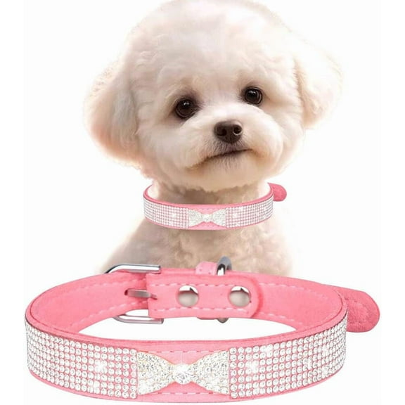 Pink XXS Dog Collar with Rhinestone, Pretty Bow Crystal Bling Kitten Collars Glitter Jeweled Sparkly Diamond Girl Puppy Collar for XXS Xs Small Medium Pet Female Dogs Female Cats, XXSmall