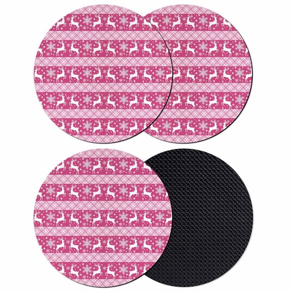 Pink Xmas Reindeer Coasters Set of 4, Absorbent Coasters for Drinks, Christmas Snowflakes Stripes Winter Coaster for Desk Coffee Table Protection, Home Decor House Warming Gifts 4"