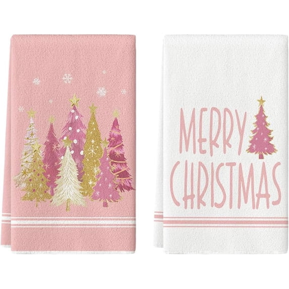 Pink Xmas Tree Merry Christmas Kitchen Towels Dish Towels, 18x26 Inch Farmhouse Star Holiday Winter Decoration Hand Towels Set of 2