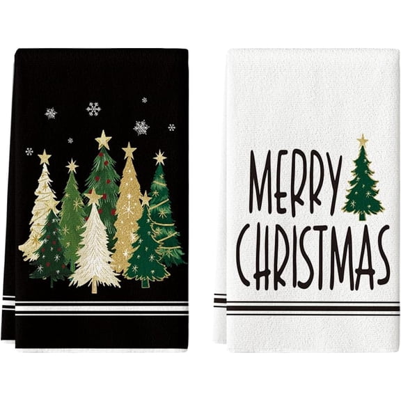 Pink Xmas Tree Merry Christmas Kitchen Towels Dish Towels, Farmhouse Star Holiday Winter Decoration Hand Towels Set of 2 Christmas Hand Towels for Bathroom