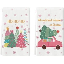 Pink Xmas Tree Truck Christmas Kitchen Towels Dish Towels, 18x26 Inch Holiday Ho Ho Ho Winter Decoration Hand Towels Set of 2