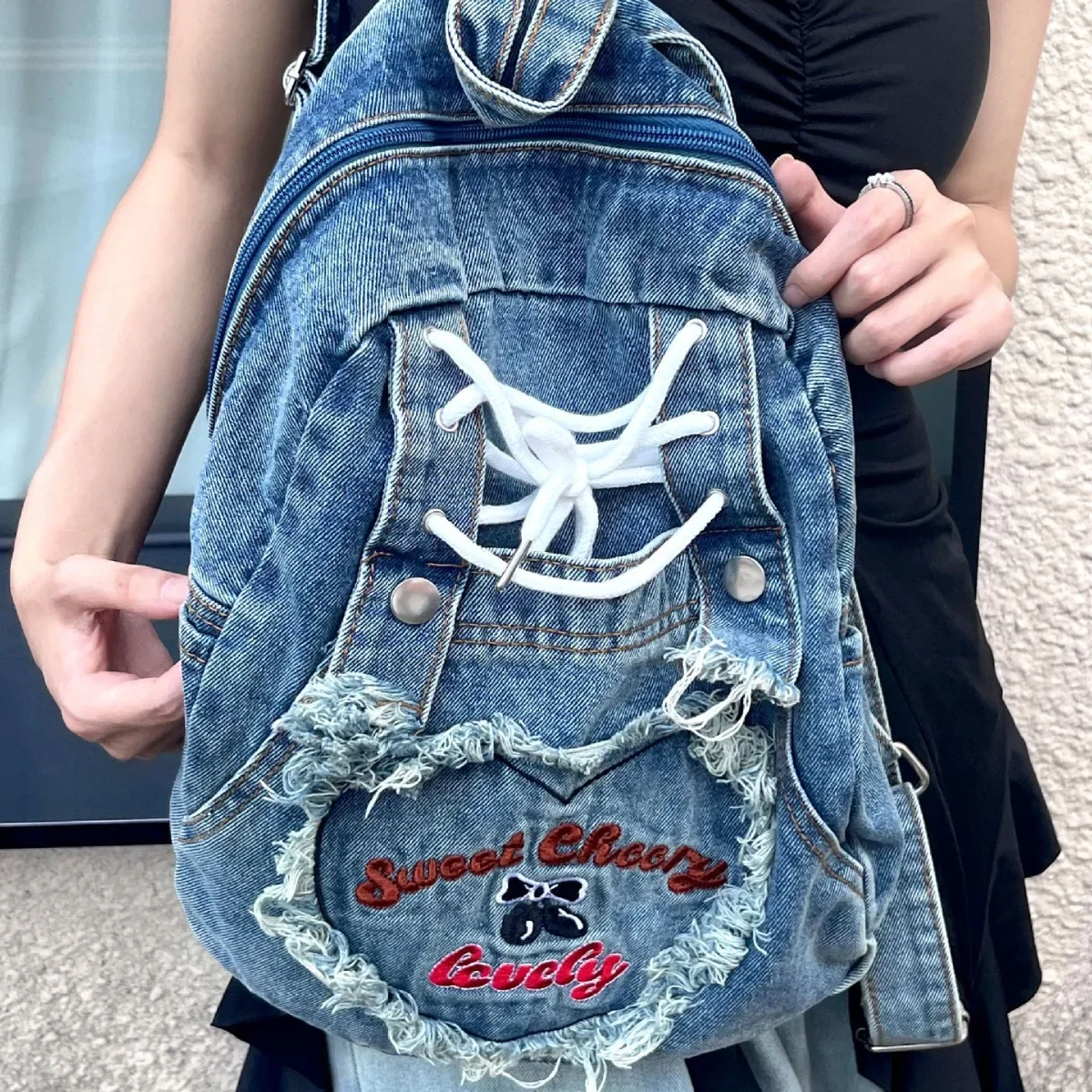 Pink Y2k Womens Backpack Denim Fashion Cute Large Capacity Vintage
