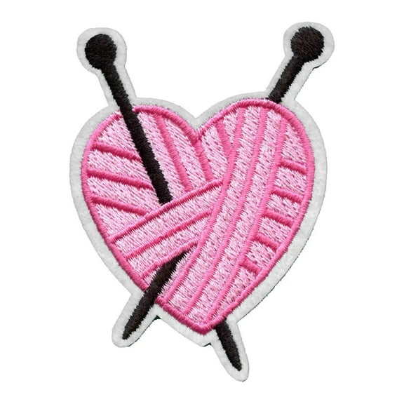 Pink Yarn Ball Heart With Knitting Needles Embroidered Iron On Patch