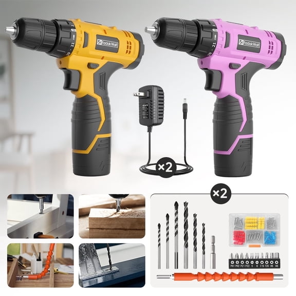 Pink & Yellow 2PCS Cordless Drill Set for Women, 12V Lightweight Electric Drill & Driver w/ 1.5Ah Battery & Charger, 21+1 Torque, 180 in-lbs, 30+ Bits, Ideal DIY Gift