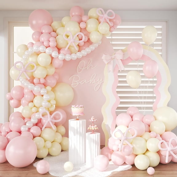 Pink and Yellow Balloon Arch Garland Kit, Coquette Bow Light Pink Yellow Pearl White Balloon with Long Balloons for Birthday Bridal Wedding Baby Shower Party Decorations