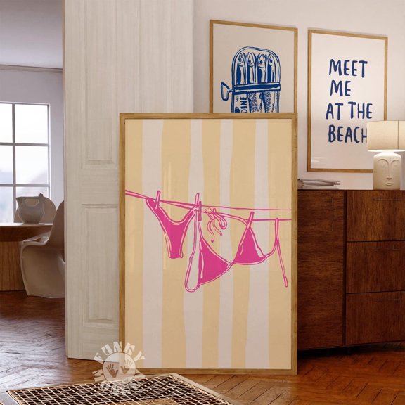 Pink Yellow Bikini Clothesline Summer Wall Art, UNFRAMED PAPER POSTER, Home Decor