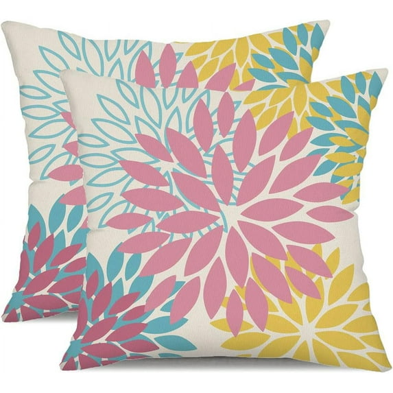 Pink Yellow Blue Flower Pillow Covers 18x18 Inch Set of 2 Outdoor Throw Pillows Outdoor Waterproof Decor for Living Room Sofa Patio Funiture Garden Floral Polyester Pillow Covers 012A