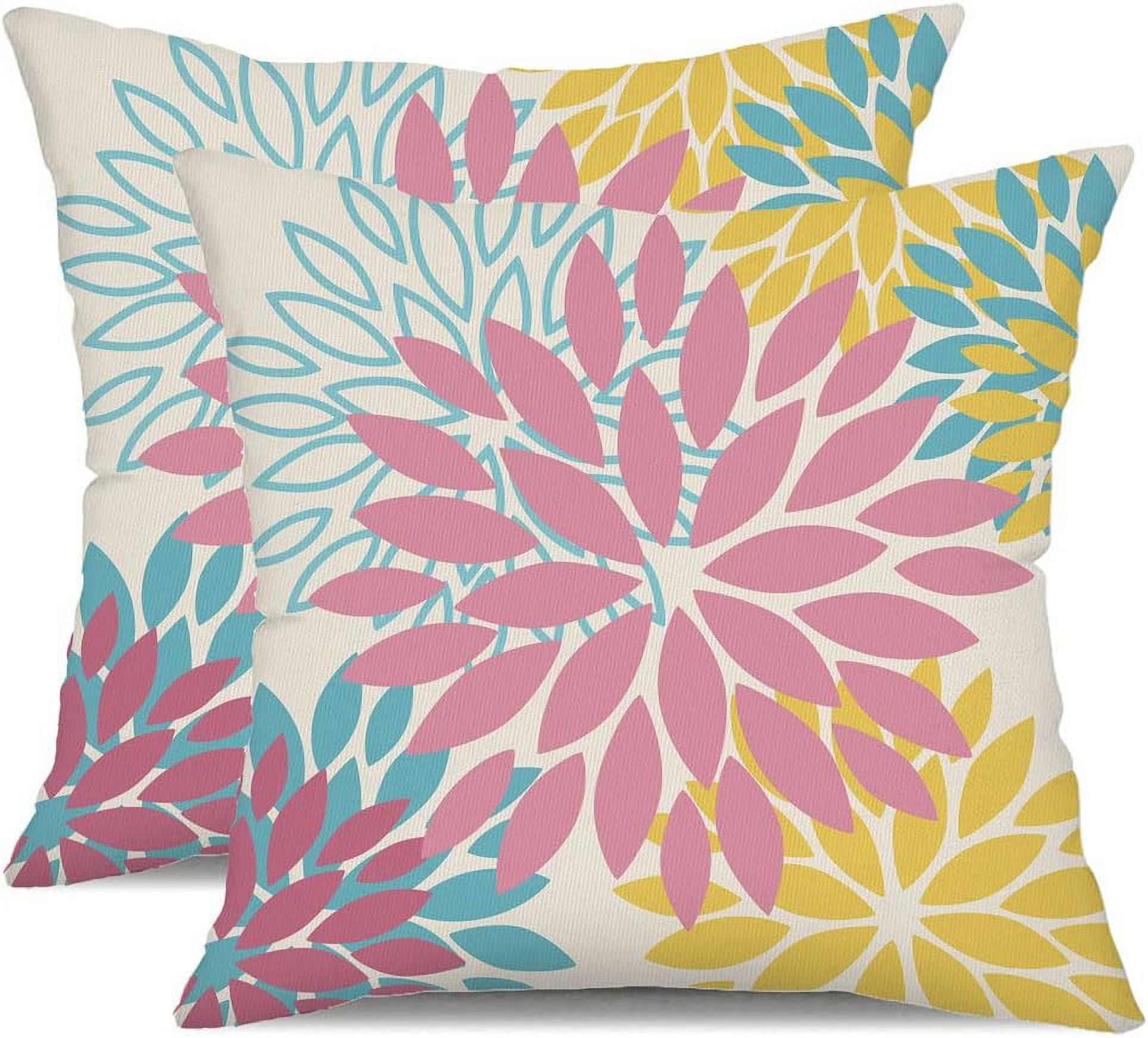 Pink Yellow Blue Flower Pillow Covers 20x20 Inch Set of 2 Outdoor Throw