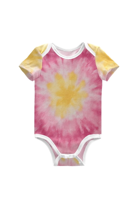 Pink Yellow Circle Tie Dye Pure Cotton Bodysuit Short Sleeve Pajamas One-Piece Romper Unisex 2T