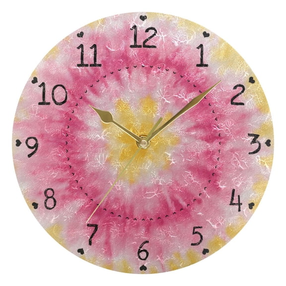 Pink Yellow Circle Tie Dye Round Wall Clock Silent Analog Battery Operated Gold Pointer Home Decor 9.84" Diameter
