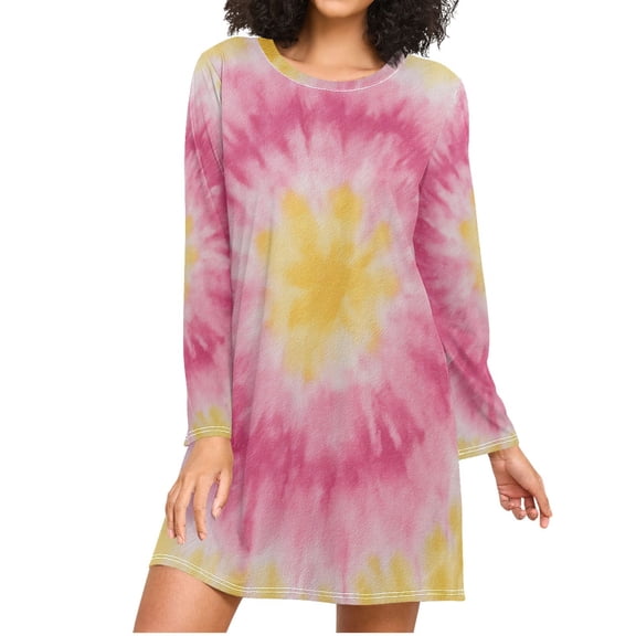 Pink Yellow Circle Tie Dye Women's Long Sleeves Nightgowns Sleepwear Soft Pajama A-line Sleep Dress M