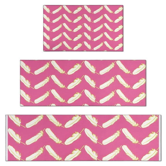 Pink and Yellow Feather Pattern Kitchen Rugs Sets Of 3,Kitchen Runner Rugs Non Skid Washable,Decorative Kitchen Floor Mats for Kitchen,Sink,Laundry,17"x30"+ 17"x47" + 17"x59"