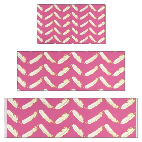 Pink and Yellow Feather Pattern Kitchen Rugs Sets Of 3,Kitchen Runner Rugs Non Skid Washable,Decorative Kitchen Floor Mats for Kitchen,Sink,Laundry,17"x30"+ 17"x47" + 17"x59"