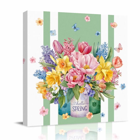 Pink Yellow Floral Canvas Wall Art for Living Room, Watercolor Spring Pink Yellow Flowers Vase Green Stripes Poster Print Painting for Bedroom Office Home Decor Wall Pictures Prepare To Hang 10"x10"