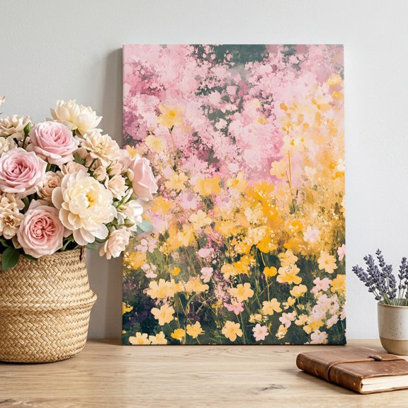 Pink Yellow Floral Canvas Wall Art, Spring Beautiful Flower Pastoral Oil Painting Style Pictures Wall Decor Wooden Framed Artwork Art Prints for Living Room Hallway Bedroom Office 8"x10"