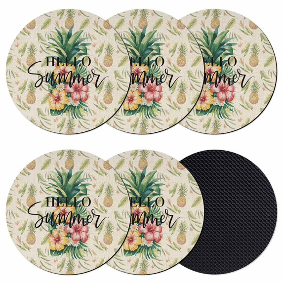 Pink Yellow Floral Coasters Set of 6, Absorbent Coasters for Drinks, Green Summer Botanical Rustic Coaster for Desk Coffee Table Protection, Home Decor House Warming Gifts 4"