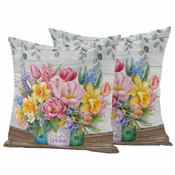 Pink Yellow Floral Pillow Covers 2 Pack Watercolor Spring Pink Yellow Flowers Vase Leaf Wood Grain Pillowcase Waterproof Outdoor Throw Pillow Cover for Patio Garden Square Cushion 20”x20”