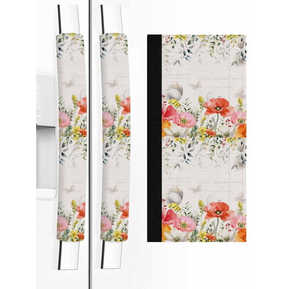 Pink Yellow Floral Refrigerator Door Handle Covers Set of 2, Spring Flowers Elegant Pastoral Leaves Kitchen Fridge Microwave Oven Dishwasher Stove Cabinet Handle Protectors, Washable Appliance Decor