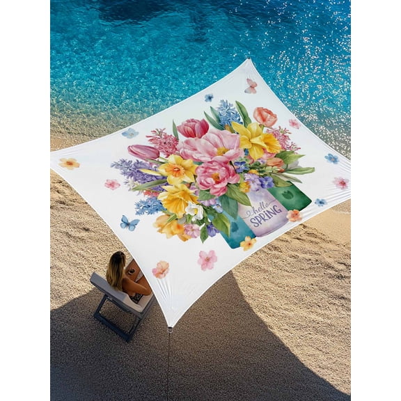 Pink Yellow Floral Sun Shade Sail 6.5' x 10', Watercolor Spring Pink Yellow Blue Purple Flowers Vase Rectangle Outdoor Sunshade Canopy, Waterproof UV Block Patio Covers for Garden Yard Beach