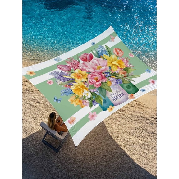 Pink Yellow Floral Sun Shade Sail 6.5' x 10', Watercolor Spring Pink Yellow Flowers Vase Green Stripes Rectangle Outdoor Sunshade Canopy, Waterproof UV Block Patio Covers for Garden Yard Beach