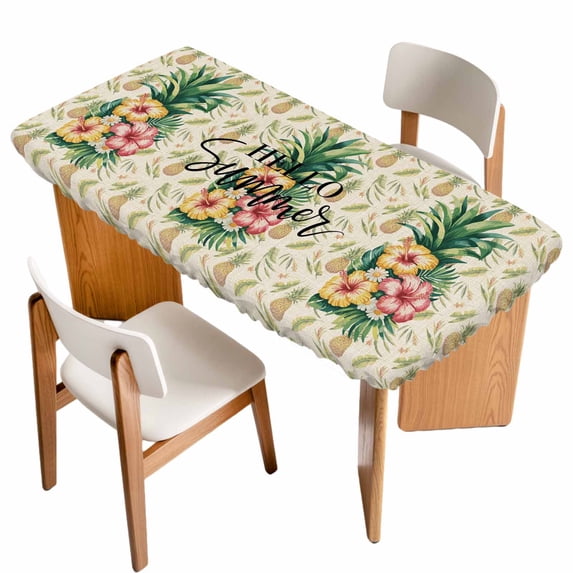 Pink Yellow Floral Table Cloths for 3 Foot Rectangle Tables, Green Summer Botanical Rustic Patio Waterproof Elastic Fitted Tablecloths, Washable Rectangular Table Cover for Camping