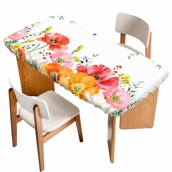 Pink Yellow Floral Table Cloths for 4 Foot Rectangle Tables, Spring Flowers Elegant Botanical Patio Waterproof Elastic Fitted Tablecloths, Washable Rectangular Table Cover for Camping
