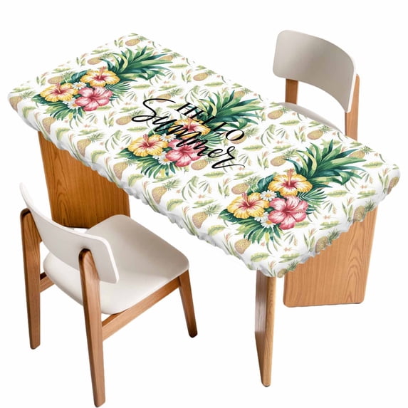 Pink Yellow Floral Table Cloths for 6 Foot Rectangle Tables, Green Summer Botanical Pastoral Patio Waterproof Elastic Fitted Tablecloths, Washable Rectangular Table Cover for Camping