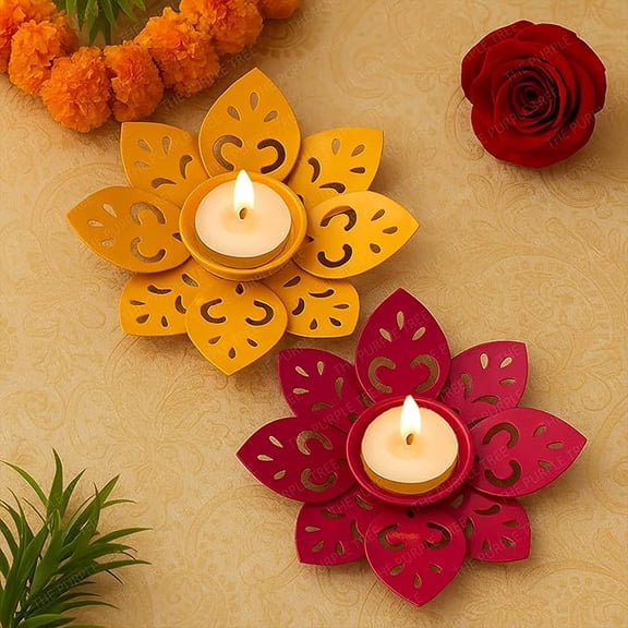 Pink & Yellow Floral Tealight Candle Holders for Diwali Decoration | Decorative Metal Flower Votives for Home Dcor, Festive Lighting & Gifting | Diya Holder for Pooja Set of 2