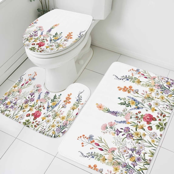 Pink Yellow Flower Bathroom Rugs Set Red Rose Spring Plant Pastoral Style Non Slip Absorbent Soft Bath Mats 3 Piece Set with Bathroom Rug, U-Shaped Floor Mat, Toilet Seat Cover Small Size