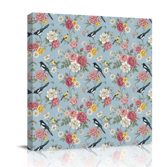 Pink Yellow Flowers Canvas Wall Art for Living Room, Ethnic Retro White Floral Birds Blue Poster Print Painting for Bedroom Office Home Decoration Wall Pictures Prepare To Hang 16"x16"