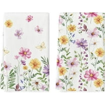 Pink Yellow Flowers Spring Kitchen Towels Dish Towels, 18x26 Inch Summer Leaves Holiday Decoration Hand Towels Set of 2