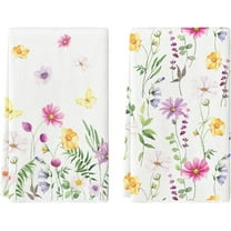 Pink Yellow Flowers Spring Kitchen Towels Dish Towels, 18x26 Inch Summer Leaves Holiday Decoration Hand Towels Set of 2