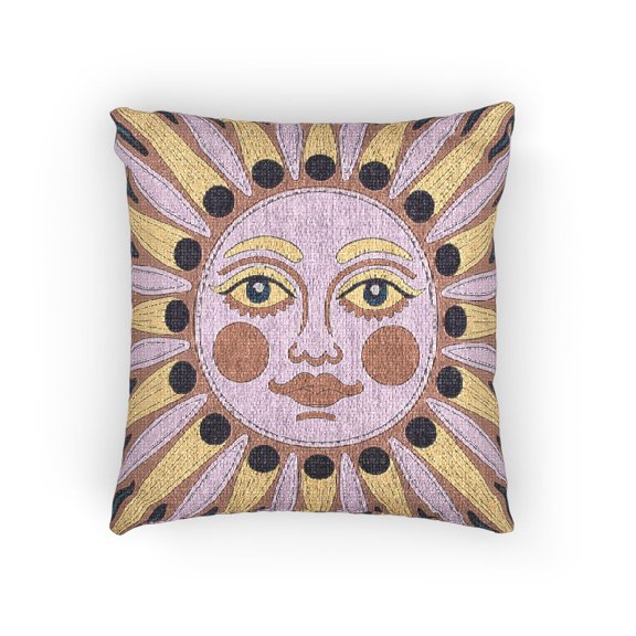 Pink, Yellow, Green and Purple Celestial Sun Face Woven Pillow, Cotton-Polyester Shell, Radiating Rays