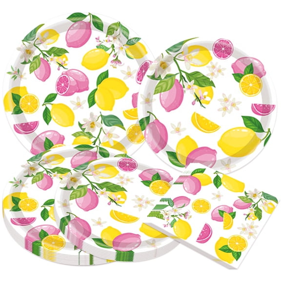 Pink Yellow Lemon Party Tableware Set - Fresh Theme Disposable Plates & Napkins for Summer Outdoor Gatherings