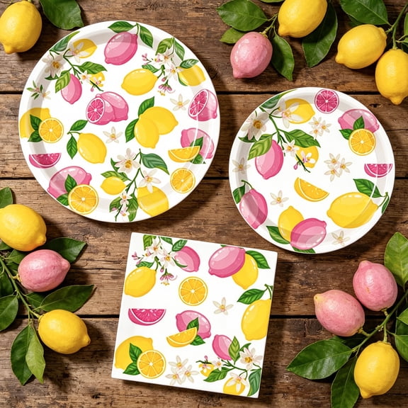 Pink Yellow Lemon Party Tableware Set - Fresh Theme Disposable Plates & Napkins for Summer Outdoor Gatherings