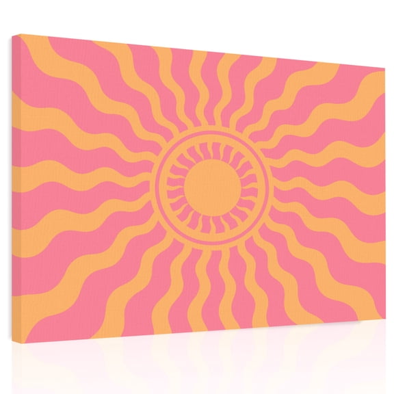 Pink Yellow Radiant Sun Canvas Print Wall Art, Abstract Wavy Sunbeams Rings Boho Eclectic Wall Decor Framed Artwork Paintings Pictures for Living Room Bedroom Stretched Ready to Hang, 24" x 32"