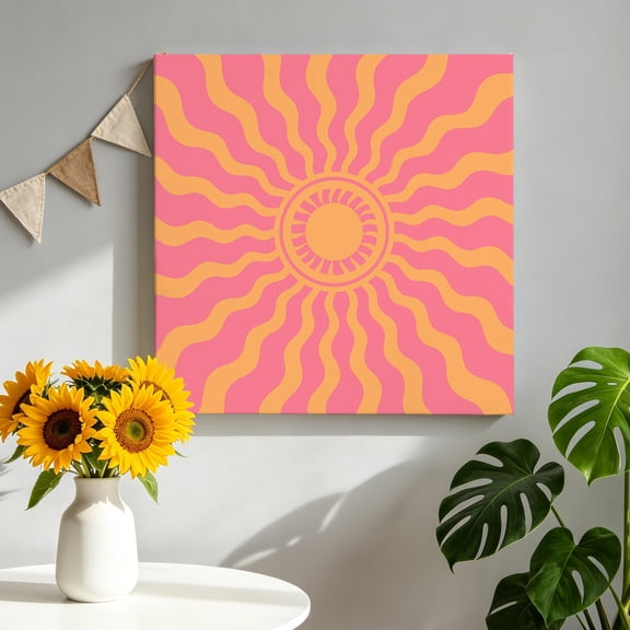 Pink Yellow Radiant Sun Canvas Wall Art, Abstract Wavy Sunbeams Rings Boho Eclectic Framed Canvas Wall Decor Picture Print Artwork Decorations for Living Room Office Ready to Hang 8" x 8"