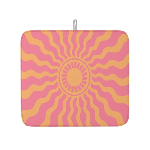 Pink Yellow Radiant Sun Dish Drying Mat 16x18 inch Abstract Wavy Sunbeams Rings Boho Eclectic Super Absorbent Microfiber Dish Drying Pad for Kitchen Countertops Sink Dish Drainer Racks 1 Pack