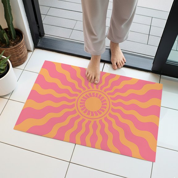 Pink Yellow Radiant Sun Indoor Door Mat 16x24 Inch Abstract Wavy Sunbeams Rings Boho Eclectic Front Door Mat Non Slip Washable Entryway Rug Low Profile Dirt Trapper Doormat for Kitchen Bedroom
