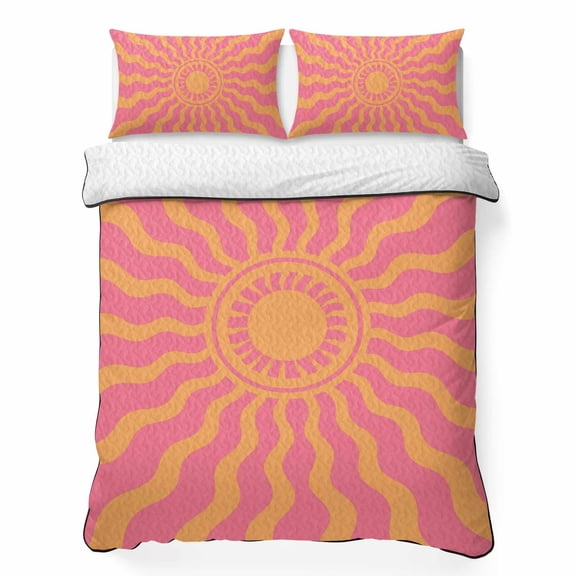 Pink Yellow Radiant Sun King Quilt Bedding Set, Abstract Wavy Sunbeams Rings Boho Eclectic Lightweight Comforter with 2 Pillow Shams Bedroom Bedspread Set Home Decor for All Seasons