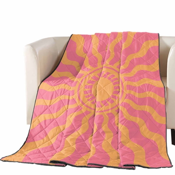 Pink Yellow Radiant Sun Quilted Comforters Cooling Blanket Oversized Queen Size, Abstract Wavy Sunbeams Rings Boho Eclectic Cold Comfort for Hot Sleepers Air Conditioning Quilt Blanket for Bed