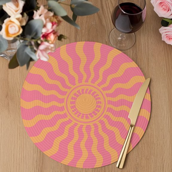 Pink Yellow Radiant Sun Round Braided Placemats Set of 6, Abstract Wavy Sunbeams Rings Boho Eclectic Heat Insulation Place Mats Washable Non-Slip Table Mats for Kitchen Dining Party, 13 Inches