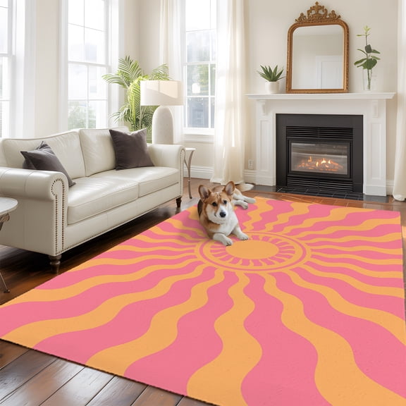 Pink Yellow Radiant Sun Washable Area Rug 9x12 Abstract Wavy Sunbeams Rings Boho Eclectic Low-Profile Large Area Rugs Non Slip Backing Indoor Floor Carpet for Entrance Living Room Bedroom Home Office
