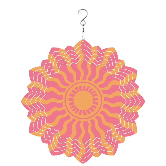 Pink Yellow Radiant Sun Wind Spinner for Garden Yard 8In, Abstract Wavy Sunbeams Rings Boho Eclectic 3D Stainless Steel Kinetic Hanging Wind Spinners Rustproof Outdoor Decor for Lawn Patio Home