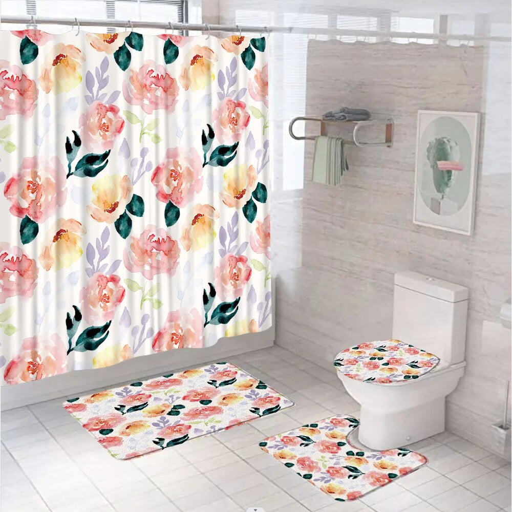 Pink Yellow Rose Flower Bathroom Set Shower Curtain Rug Bath Mat Lid ...