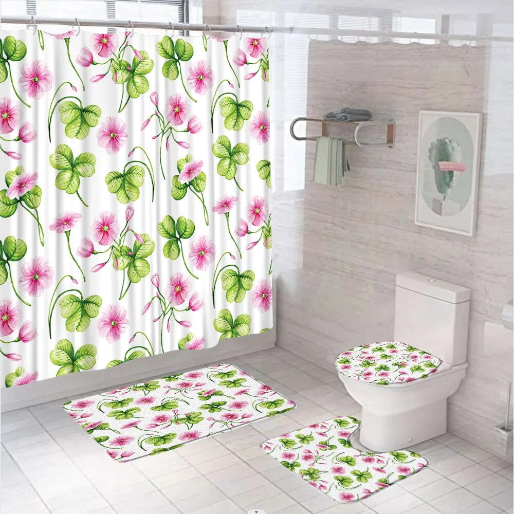 Pink Yellow Rose Flower Bathroom Set Shower Curtain Rug Bath Mat Lid