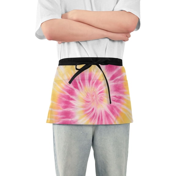 Pink Yellow Spiral Tie Dye Short Server Apron with 3 Pockets for Unisex Chef Gardening