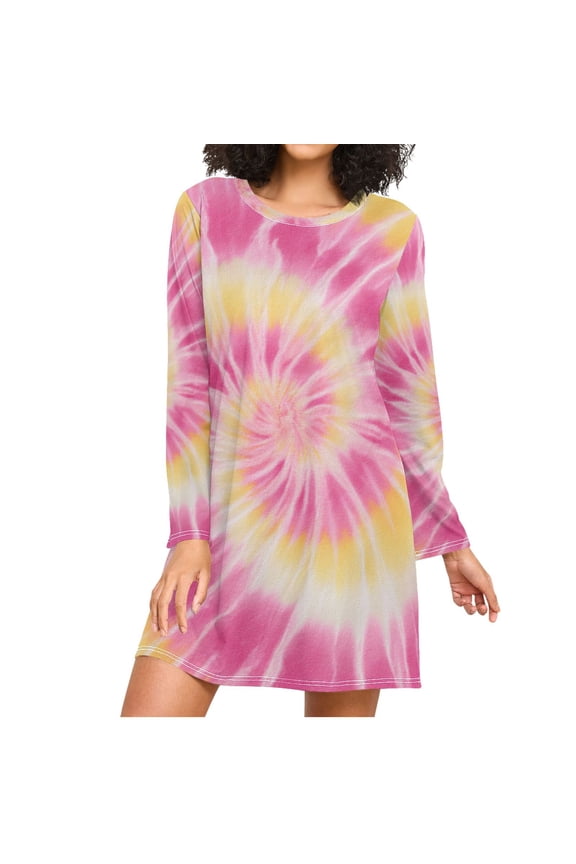 Pink Yellow Spiral Tie Dye Women's Long Sleeves Nightgowns Sleepwear Soft Pajama A-line Sleep Dress XXXL